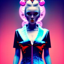 blonde woman, geisha, retro futuristic, velvet dress, gradient color, BLUE, PINK, CYAN, neon, insanely detailed, 16k resolution, perfect eyes, cinematic smooth, intricate detail