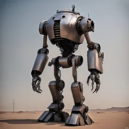 trash mech suit, human-sized, made of scrap metal, small, round dome head,