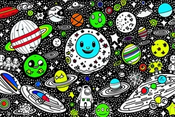 Create an outer space scene with planets, stars, and a rocket ship. The planets should have funny faces, and the rocket ship can be smiling too. Make the stars in various shapes, like hearts and circles. The background can have a rainbow-colored galaxy. Add an astronaut inside the rocket ship waving happily., light black and white outline, fine line, white background