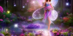 bright fairy, beautiful portrait, flowery landscape