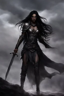 SA female elf with skin the color of storm clouds, deep grey, stands ready for battle. Her long black hair flows behind her like a shadow, while her eyes gleam with a fierce silver light. Despite the grim set of her mouth, there's a undeniable beauty in her fierce countenance. She's been in a fight, evidenced by the ragged state of her leather armor and the red cape that's seen better days, edges frayed and torn. In her hands, she grips two daggers, add dark shadow mystic purple flames