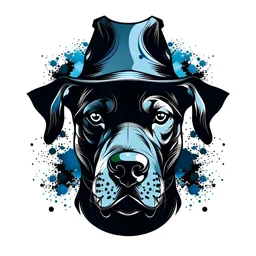 Modern tattoo motifs, abstract and minimalist ink drawing, Bold and dynamic, design on a white background, Pictured is a broad and firm head of a short-haired crossbreed dog of a dark color, without light patches on the faces, of a firmer stature with very short drooping ears in a large hat . The image consists of black and blue colors. The tattoo is with detailed shading. The dog has a cheerful and mischievous look and a sticking out tongue, he smiles