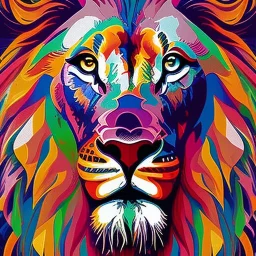 Lion portrait, bright colors, triangles, centered, detail, 8k resolution,