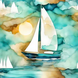 Alcohol ink art pattern. Vibrant, fantasy, delicate, ethereal. Sailboat. Shades of blue, teal, aqua, turquoise, white. waves on shore. Sun. colorful beach. Background ink drip.