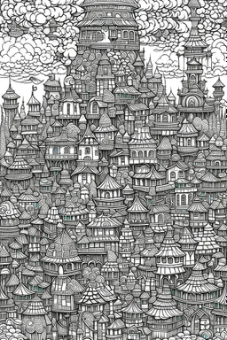 detailed wonderland full dwarf city cute creature and people doodle coloring page with and tiny details fantasy