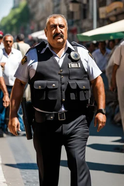 Massive and sturdy chubby burly mature turkish policeman, unbuttoned shirt, hairy with hairy chest, in the sun in an tank top, leaning against a lamppost in the middle of a crowded street, side light, sweat and wet