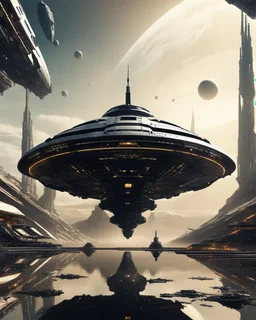 futuristic epic scifi, with massive spaceship, in digital art style, wide angle, balanced composition, black, beige, porceleine ratio, hard surface, reflections, triadic color, symmetry, hyper detailed, octane render, planet and old spaceship vessels in the background