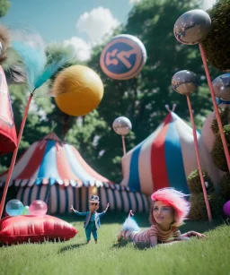 Wes Anderson photographer, Ultra realistic garden scene, wide angle view, child playing with feather pillows and sweet inflatable monsters, circus dress style, feather color, free jumping, many trinkets, hair monster, many jelly beans, balls, smile, extreme, wind, soft color, highly detailed, unreal engine 5, ray tracing, RTX, lumen lighting, ultra detail, volumetric lighting, 3d, finely drawn, high definition.