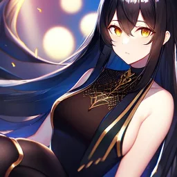 girl, masterpiece, best quality, volumetric lighting, detailed outfit, perfect eyes, long hair, black hair, golden eyes, black stockings,