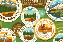 Stickers for a lakeside farmers' market "Good Spirit Market" in a national parks sticker style