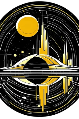 round logo for organisation;black and gold colors only ; taking off big sci-fi space ship in the center; background abstract 1/3 sci-fi space city ; 2/3 galaxy in abstract way; small thin outer gold line; less detail in background