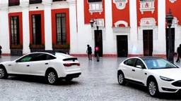 A Tesla's 'Model S Plaid' is doing donuts, at the 'Plaza de la Constitución', in the city of Mexico. CINEMATIC. WIDE ANGLE LENS. PHOTO REAL.