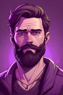 a realistic image of a man who is very masculine, confident, and strong. He has a sharp jawline and masculine body. He has a beard and he symbolizes masculinity. His expression should be determination and intelligence. The background should be purple and blurry. The character also needs to be realistic. he should look excited and there should be no color shading. the man needs to wear a top