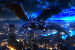 black dragon in flight city in the background at night