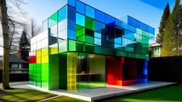 Cutting-edge architecture: a single-family home made of transparent colored glass blocks, each representing a specific function. Minimalist design, bright interiors, and a harmonious environment.