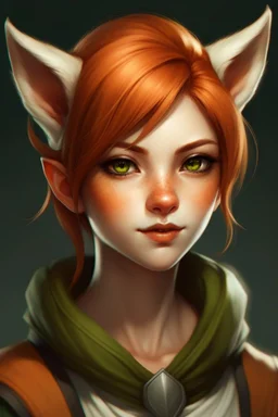 A female with short red hair, dark green eyes, large orange fox ears, slight smile, pale skin, realistic