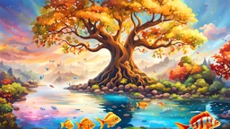 flowing river landscape with colorful little rainbow fish swiming and jumping in the river. One large golden tree, king of trees. disney, artistic childrens book style.