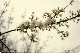 Melancholic, ultra-realistic vintage polaroid photograph of a blossoming branches of an apple tree, soft light of a cloudy sky, atmosphere of quiet sadness and timeless beauty, cinematic, hyper-detailed, emotional and mesmerizing