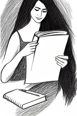 Pencil sketch of Young woman, Arab features, long wavy hair, reading a book, full body، on lined paper