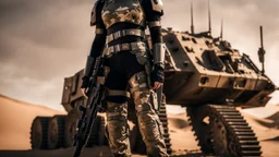 beautiful caucasian female soldier, black metal body and limbs, visible cybernetic limbs, scratched sand camo metal details, short brunette wavy bob haircut, dystopian, desert scene