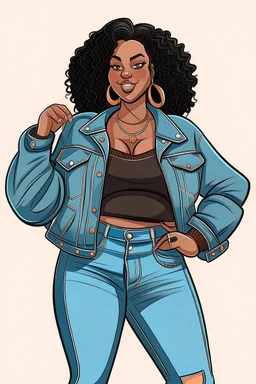 Create a stylish and empowering hand-drawn illustration of a black curvy woman showcasing confidence and beauty while wearing jeans.