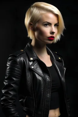 Hot girl with short blonde hair, wearing a leather jacket and tight jeans