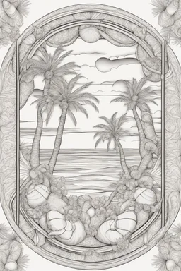 Mandala of palm trees with seashells, outlined in black and white with clear, substantial lines for an adult coloring book, contour, vector, clean line art, against a white background