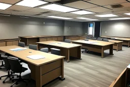 Desks for 10 employees. The walls and furniture will be brown, and the desks