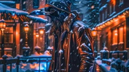 Capture a compelling image of a crow adorned in a punk leather jacket within a snowy Christmas atmosphere in the nostalgic style of Andrei Tarkovsky. Embrace a photography style that accentuates the unique fusion of the edgy leather jacket and the holiday charm. Ensure the composition highlights the crow's distinct presence against the backdrop of a winter Christmas ambiance, creating a visually captivating scene.