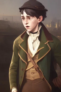 old oil painting of oliver twist, realistic detail, factory in background, crying boy, oil on face, 1890 clothes