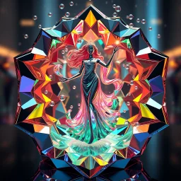 very complex structure ,pretty viberating color environment 3d metalic and crystal recursive animating beveled geometric base very complex structure emiting mirror bubbles that broke, goddess of love in a pretty cleric dress comes out dancing gracefully , viberating color moving very in modern city escape environment while camera tracking it.