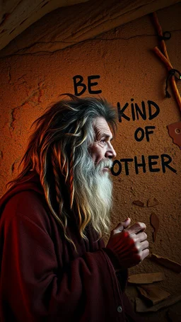 A hand writing On cave wall written “ BE KIND TO EACH OTHER “ an old man with bear and king hair died by the cave wall , a dim lighting great quality picture with primitive style