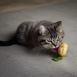 Cat eating a potato