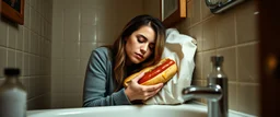 drunk woman with a hot dog in bread sleeping over in bathroom