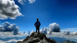 Moreschi stands with his back on a mountaintop and the sky is blue and filled with clouds