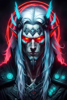 male, cyberpunk, glowing implants, glowing turquoise runes, nordic runes, angel, four eyes, glowing red eyes, black metal skull, elf ears, black mantle, runic crown, white hair, long hair, emotion of rage, hard-edge style, neon lights,highly detailed, high details, detailed portrait, masterpiece,ultra detailed, ultra quality