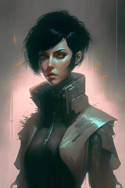 Cyberpunk netrunner, black hair, short hair, cybernetic eyes, standing in mists, Female, dark art, Ivory Peach skin