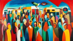 Journey Within the Mind, a painting of a group of people in different colors, a cubist painting, abstract expressionism, a surrealistic bird, eye, caravan