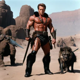 [high res photo of a movie by Ray Harryhausen] confident tattooed Arnold Schwarzenegger in a revealing leather outfit and fur boots As A Wasteland Warrior, he has incredible weapons, dusty and rusty