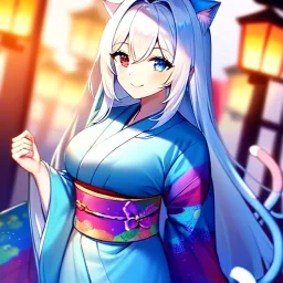 Clear focus, 8k, high quality, detailed, beautiful lighting, vibrant colors, white long hair, vibrant red eye, blue eye, cat girl, tail, smile, kimono