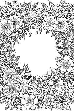 black and white beautiful thin frame made out of flowers for coloring pages, use a lot of big flowers in the frame, go all the way to the edges for the frame and leave a lot of space in the middle of the page, use only black and white, clear crisp outlines, no black background, go all the way to the outer edges of the page, use more space in the center of the page, make it rounder, use less shading, use more space in the center of the page, widen the frame, open up the frame