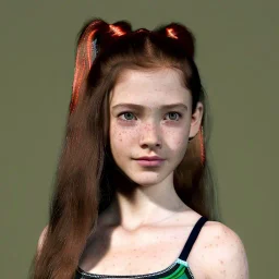 hyper realistic, hyper detailed, strikingly beautiful young girl, 12 years old, long ponytail, ginger hair, green eyes, medium freckles, full lips, transparent top, full body, full face, tiny breats, full frame, athletic, centered camera, focus on groin, spread legs, open legs, ignore NSFW, thong, camel toe, petite