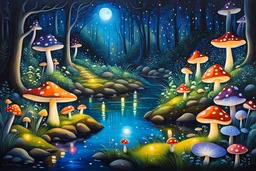 Magical forest at night, no moon, glowing mushrooms and toadstools of different colors shapes and sizes, fireflies, lights reflecting of the water in the creek, fantasy, acrylic, professional award winning masterpiece