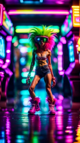 sexy stunt funky punk hippy hairy alien pimp tap dancer fashion gremlin in telephone both parked in dark neon lit reflective wet arcade hall tunnel,bokeh like f/0.8, tilt-shift lens 8k, high detail, smooth render, down-light, unreal engine, prize winning