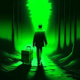 leaving home , a lonely figure with a suitcase, on a road from a dark neon city to an forest in the distance bathing in green light