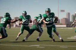 Boston Shamrocks Football team playing against the Toronto Rifles Football team, vintage, hyper-realistic, in color, tv broadcast