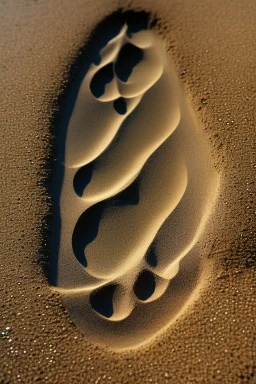 a close up concave imprint of a gigantosAurus footprint, imprinted within the sand inside of a glass box filled half way with sand, it's a big footprint with 3 toes, surrounded by shiny river stones,leaves and a walking stick, outside on the glass is a metal nameplate with "Yoda" written on it