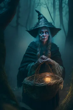 portrait of witch with shiny basket, prehistoric forest, trending art, 8k, depth of field, volumetric fog