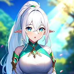Clear focus, 8k, beautiful lighting, vibrant colors, Elf, White hair, ponytail, hair in between the eyes,