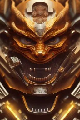 Furious rage, samurai mask, close-up, macro lens, centered camera, intricate details, small minutiae, tiny features, particulars, colorful, 8k, least ambient occlusion, volumetric lighting,